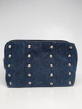 Studded Blue Denim Makeup Pouch Zippered Cosmetic Bag